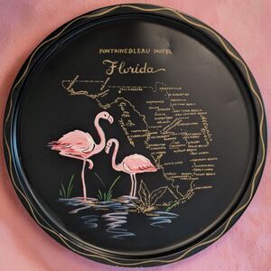 Nashco Fontainebleau Hotel Vintage 1960s Florida Toleware Tin Tray Flamingoes